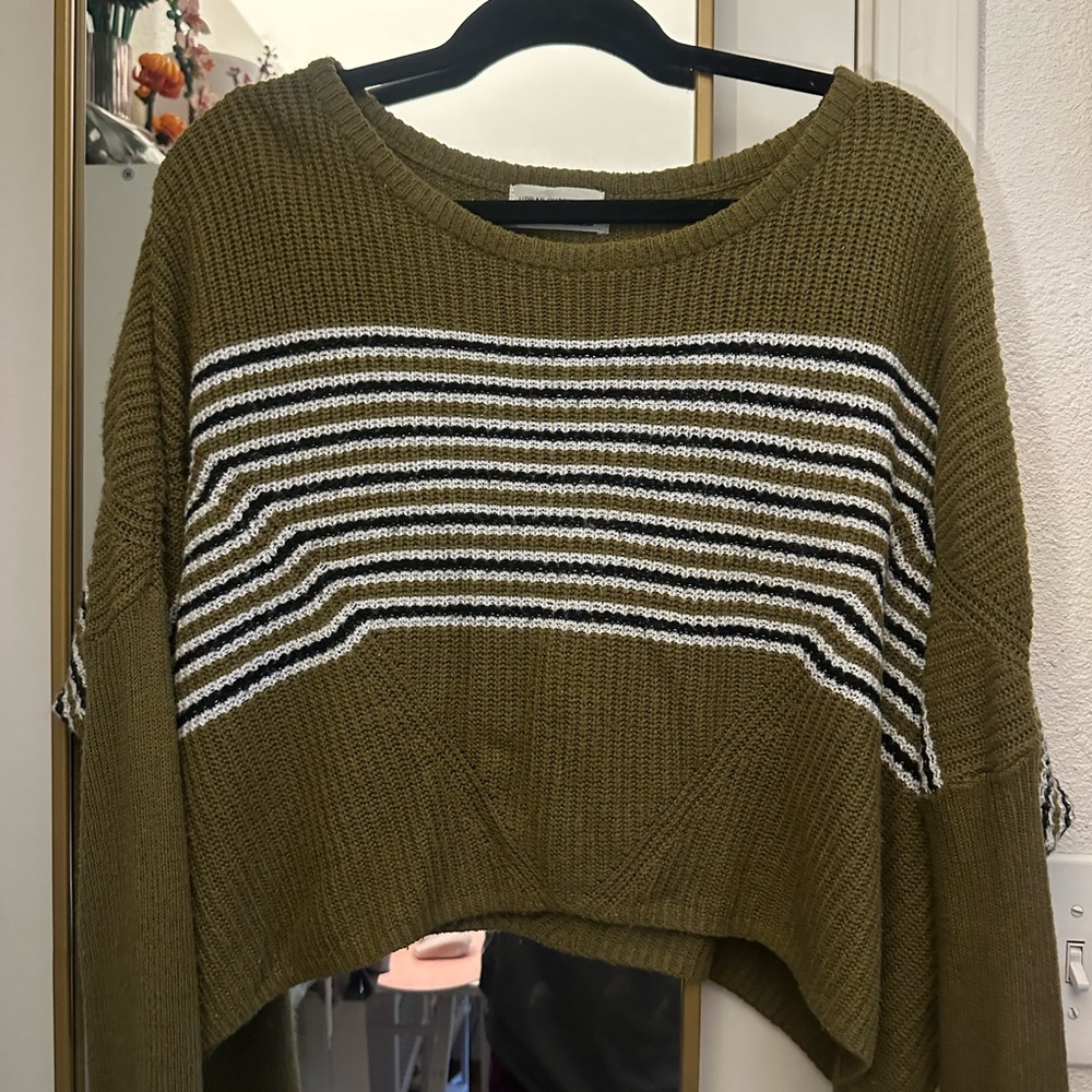 Urban Outfitters Olive Crewneck Sweater with Black & White Stripes